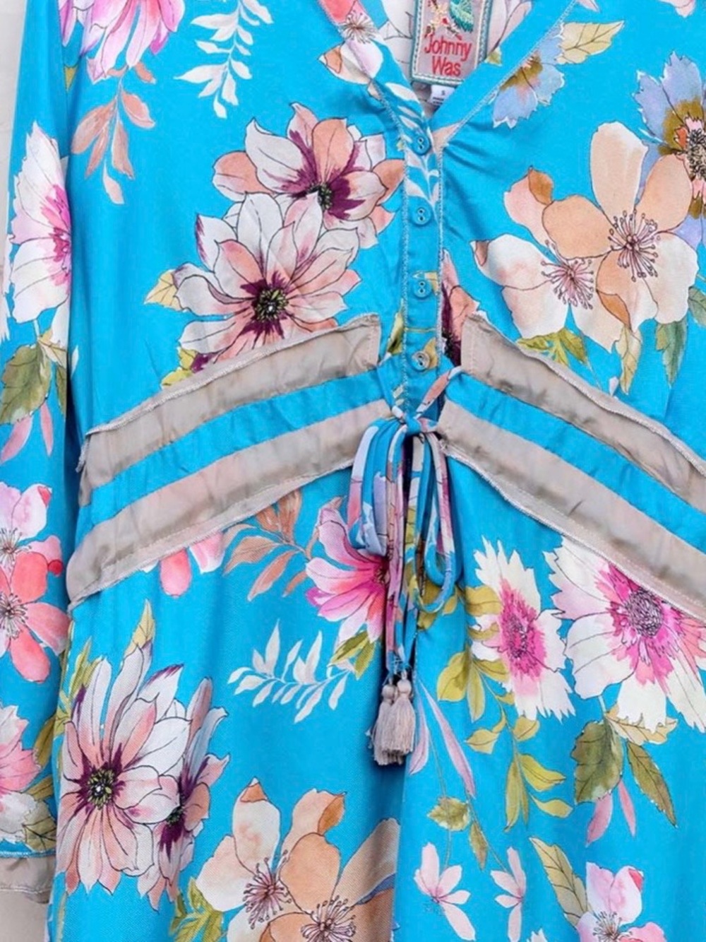 Johnny Was Turquoise Floral Midi Dress with Pink & Cream Flowers Silk - Picture 2 of 5